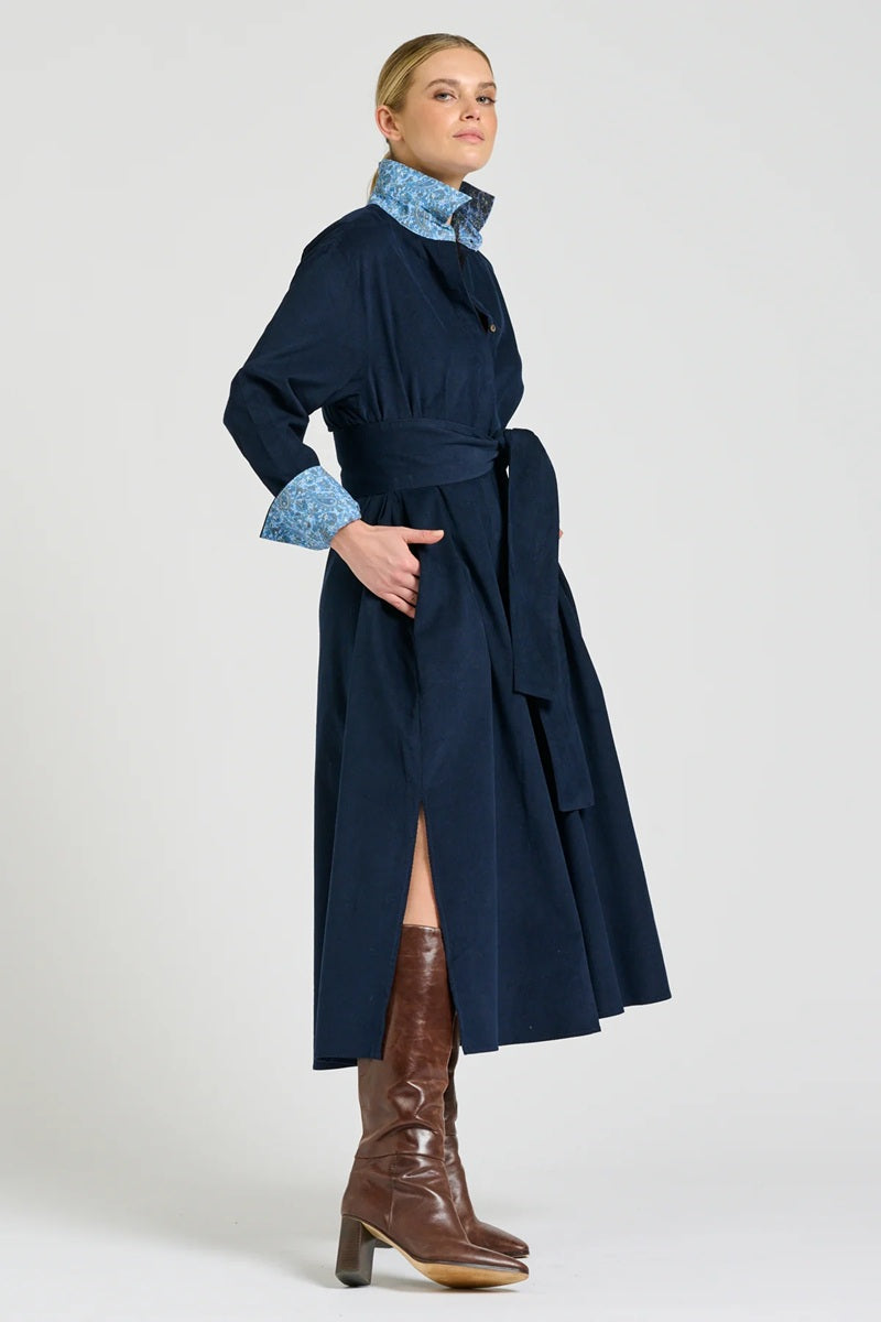 The Amelie Shirtdress | French Navy Pincord With Paisley Trim