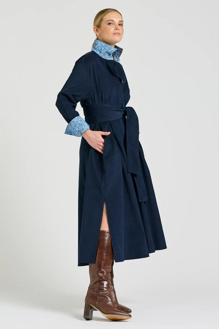 The Amelie Shirtdress | French Navy Pincord With Paisley Trim