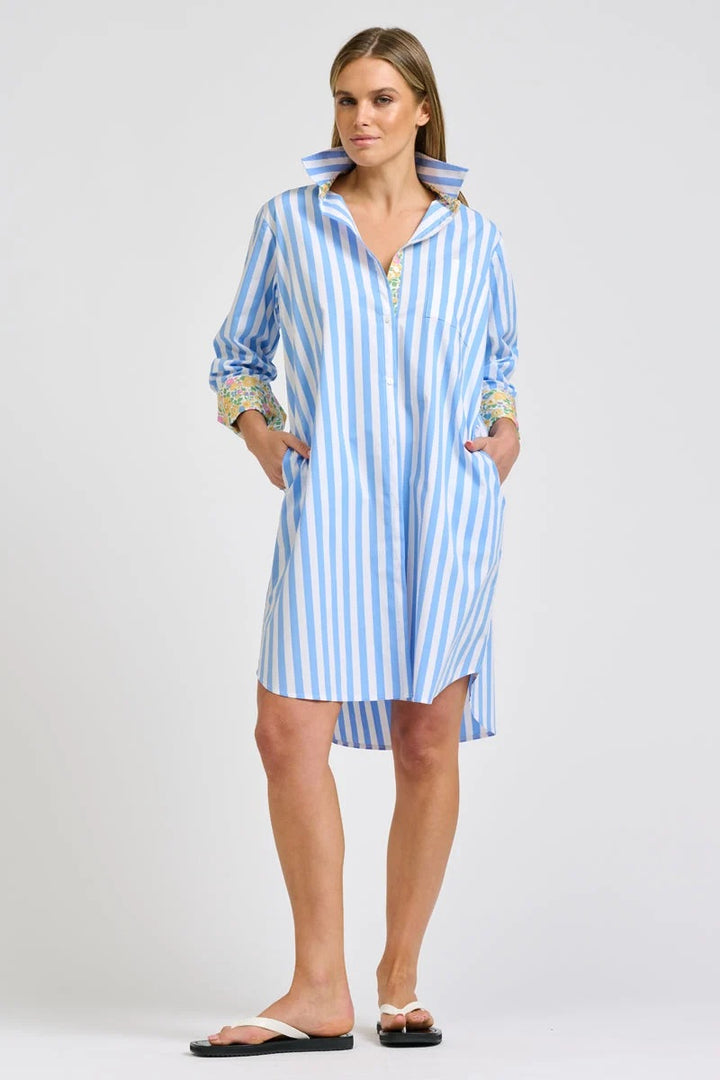 Winnie Classic Shirt Dress | Pale Blue Stripe With Floral Trim