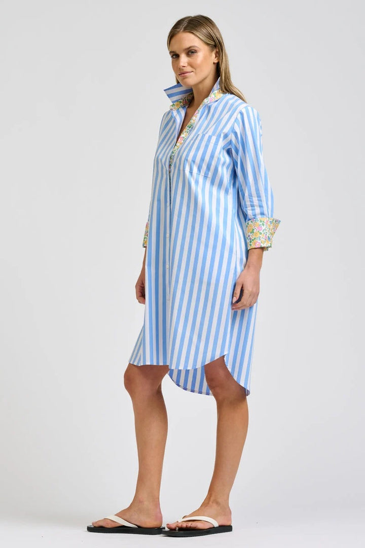 Winnie Classic Shirt Dress | Pale Blue Stripe With Floral Trim