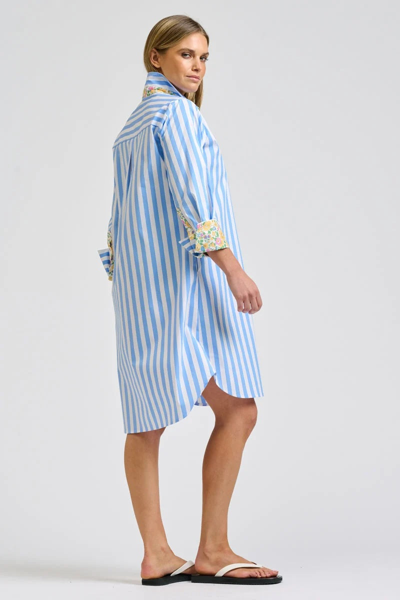 Winnie Classic Shirt Dress | Pale Blue Stripe With Floral Trim