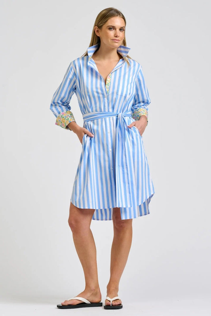Winnie Classic Shirt Dress | Pale Blue Stripe With Floral Trim