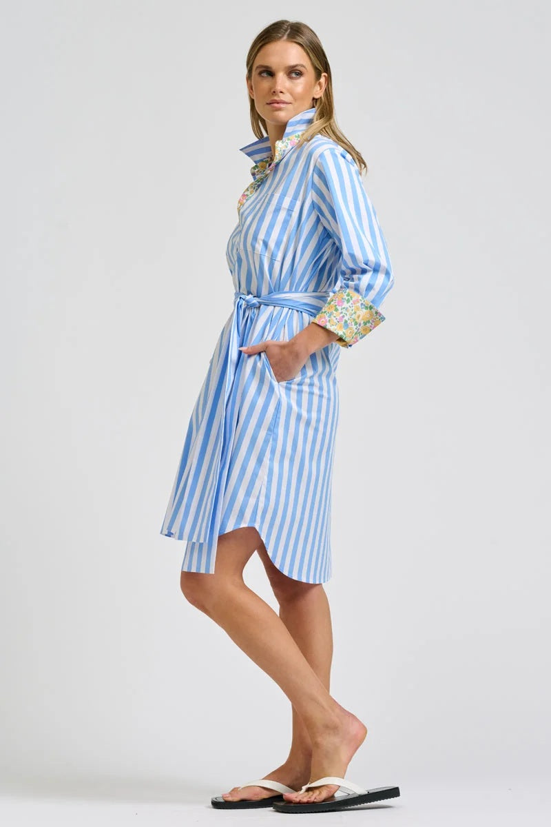 Winnie Classic Shirt Dress | Pale Blue Stripe With Floral Trim
