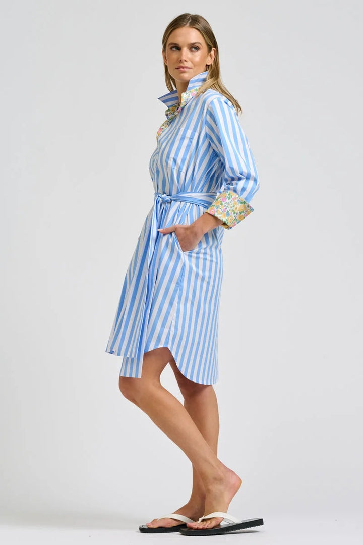 Winnie Classic Shirt Dress | Pale Blue Stripe With Floral Trim