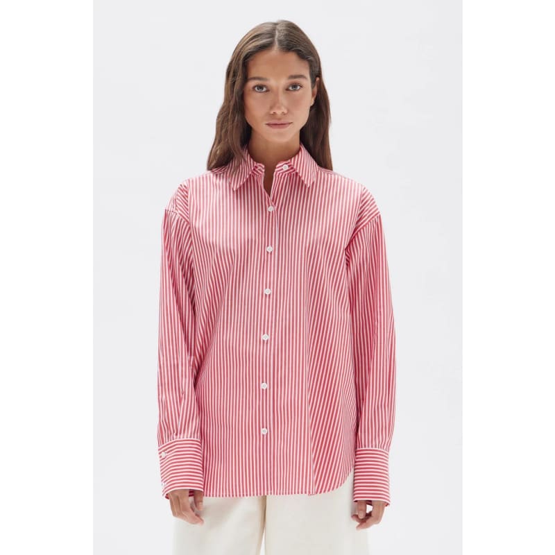 Signature Stripe Poplin Shirt | Redwood & White - Tops