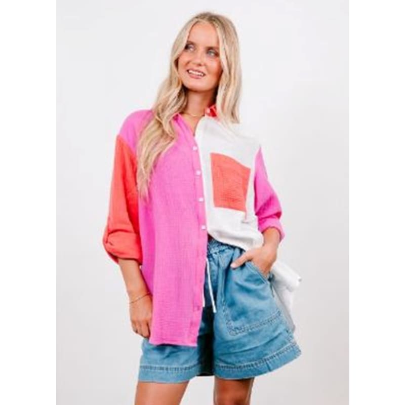 Sunset Spliced Shirt | Pink - Tops