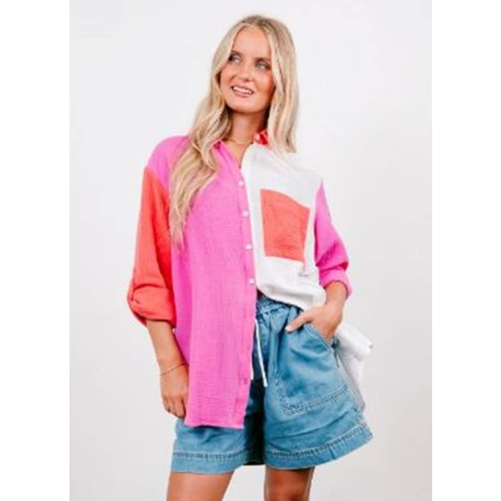 Sunset Spliced Shirt | Pink - Tops