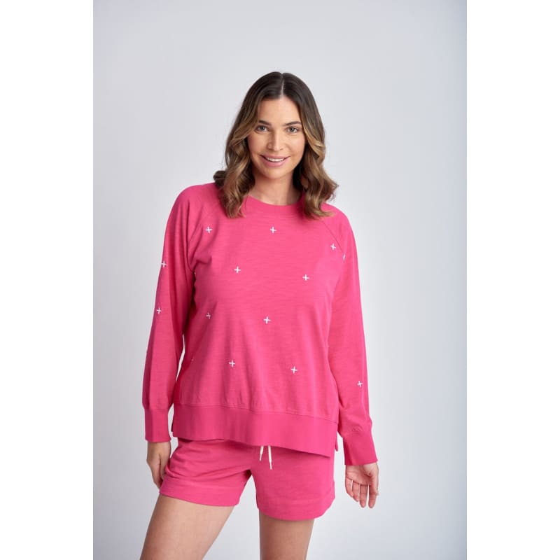 Sweater with Embroidery | Raspberry & White C 1832-S24 - Tops