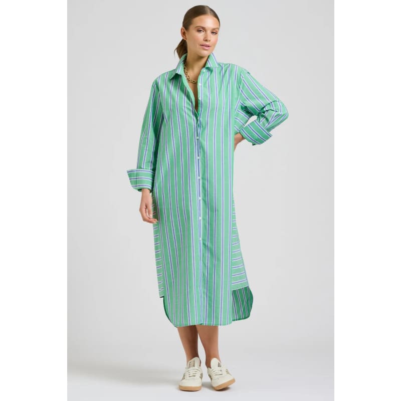 The Andrea Shirt Dress | Green & Blue Stripe - Dress