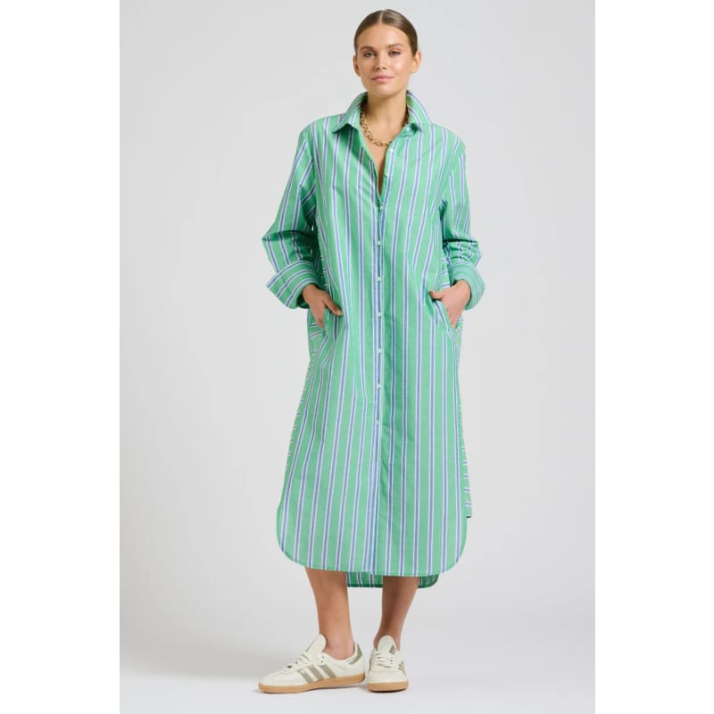 The Andrea Shirt Dress | Green & Blue Stripe - Dress