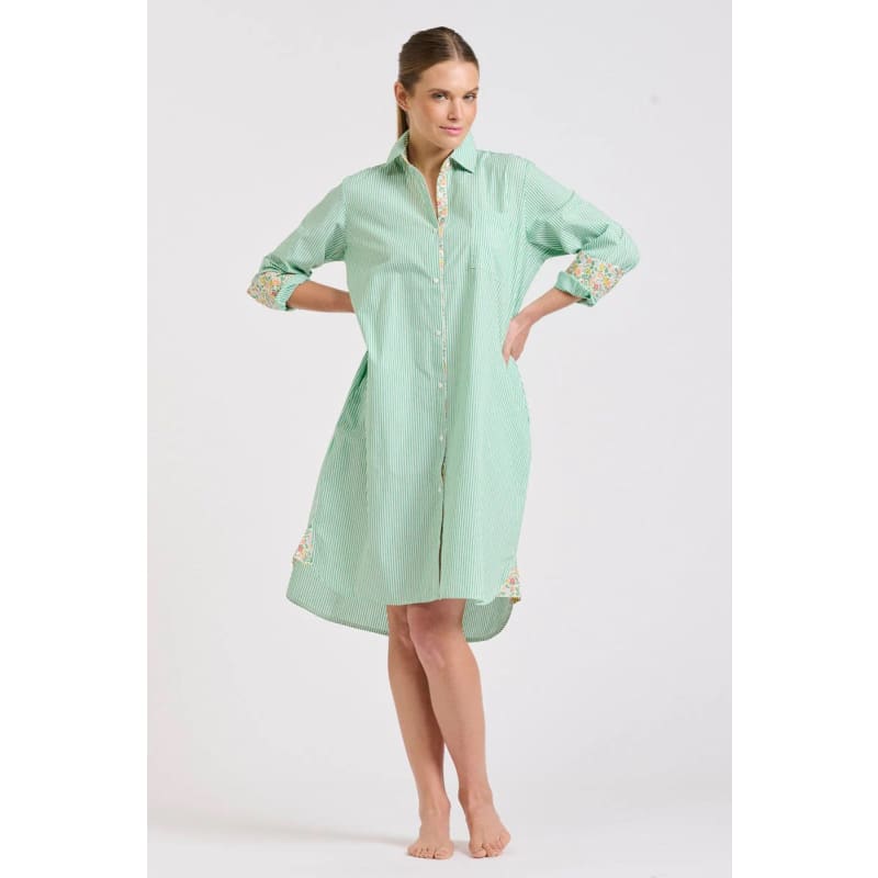 The Classic Shirtdress | Green Stripe & Floral Trim - Dress