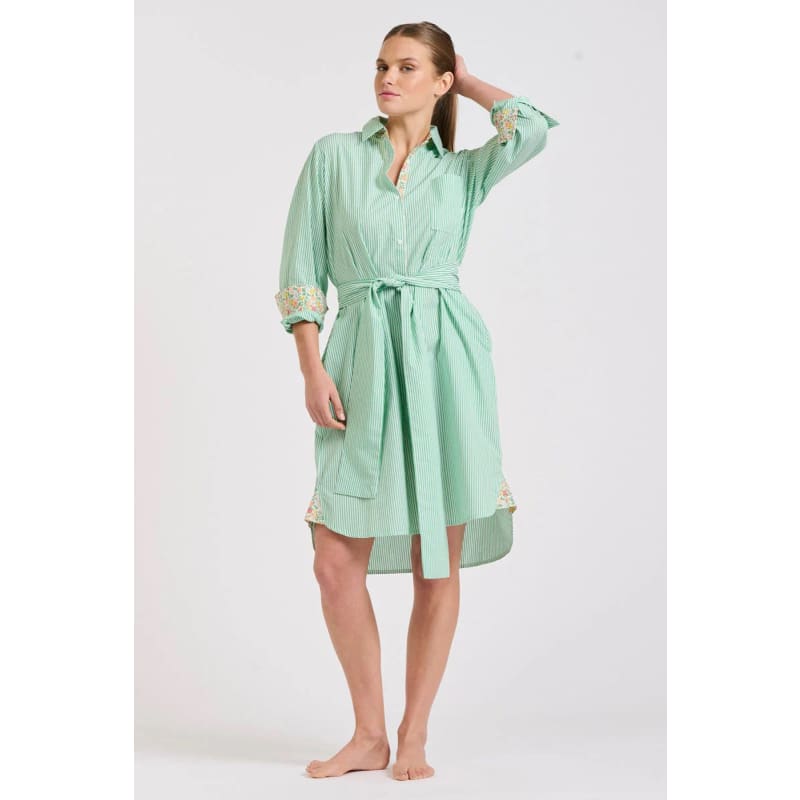 The Classic Shirtdress | Green Stripe & Floral Trim - Dress