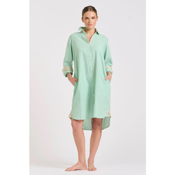 The Classic Shirtdress | Green Stripe & Floral Trim - Dress