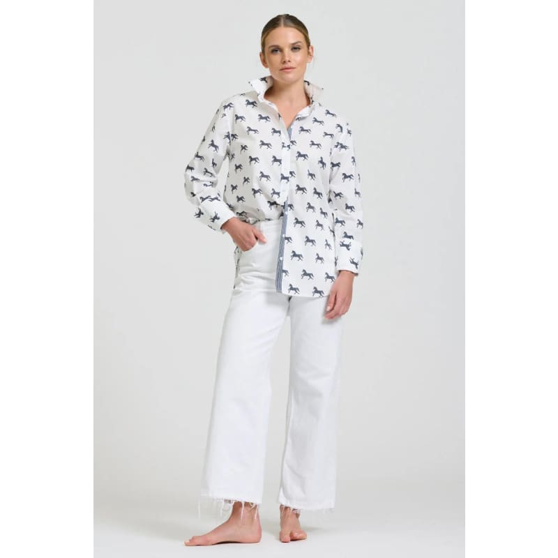 The Elodie Girlfriend Relaxed Shirt | White & Navy Pony Prance - Tops