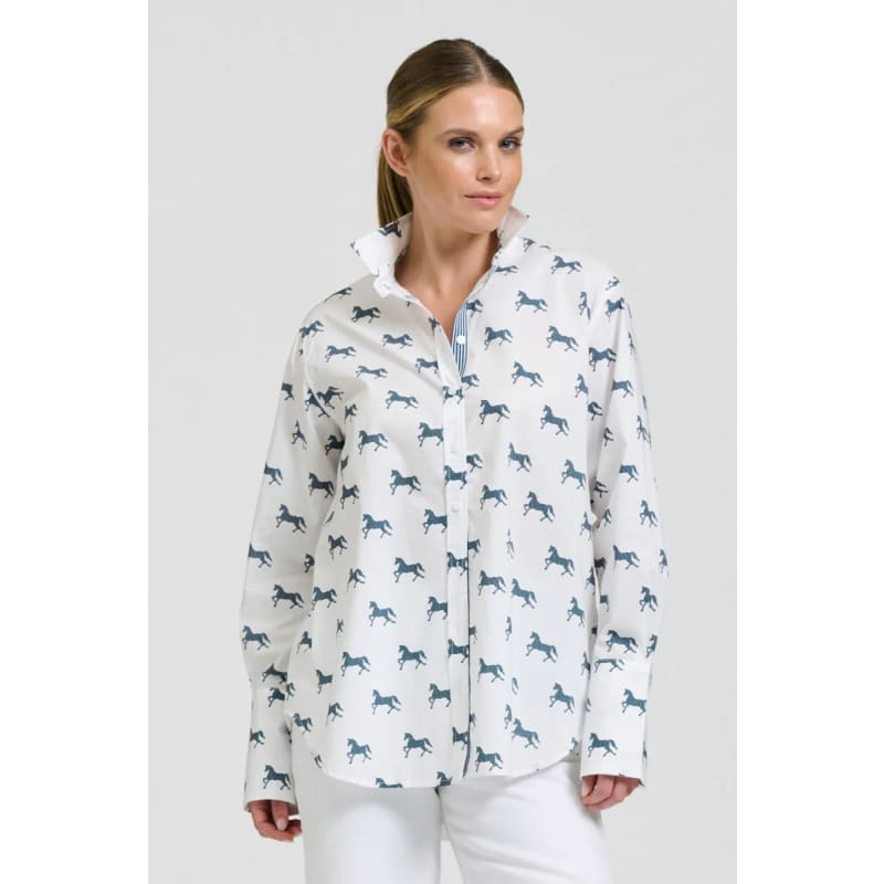 The Elodie Girlfriend Relaxed Shirt | White & Navy Pony Prance - Tops