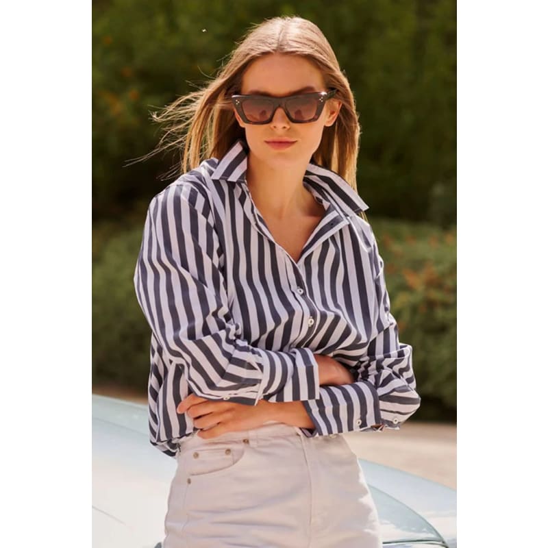The Elodie Girlfriend Shirt | Navy Wide Stripe - Tops