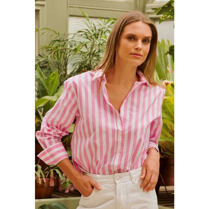 The Elodie Girlfriend Shirt | Pink Wide Stripe - Tops