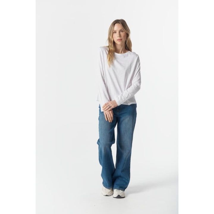 The Front Split Long Sleeve Tee C1394 | White - Tops