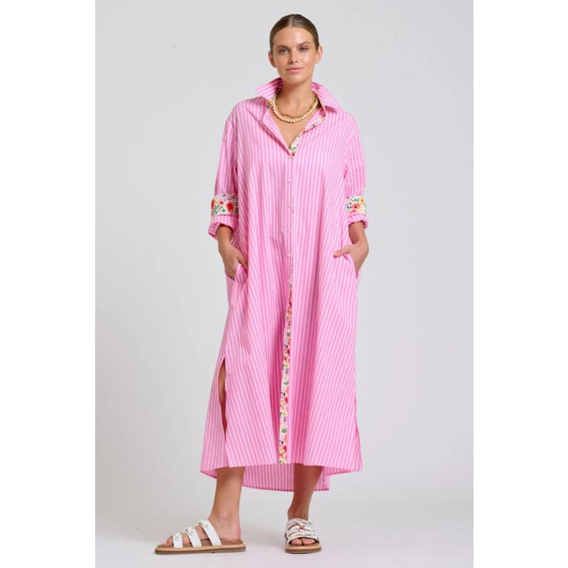 The Luna Oversized Long Line Shirt Dress | Pink Stripe Floral Trim - Dress