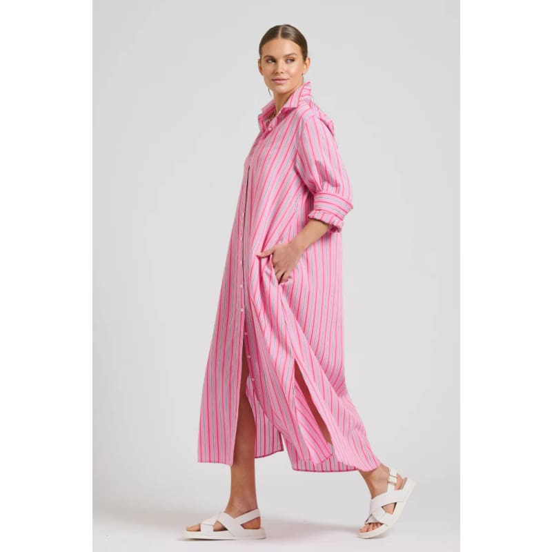 The Luna Oversized Long Shirt Dress | Pink Combo Stripe - Dress