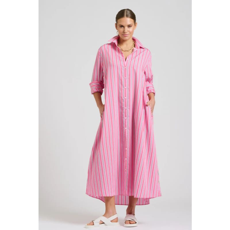 The Luna Oversized Long Shirt Dress | Pink Combo Stripe - Dress