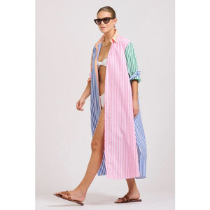 The Luna Oversized Long Shirtdress | Bright Stripe Combo - Dress