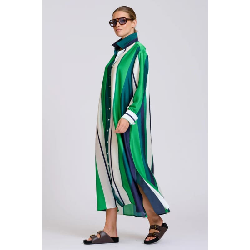 The Luxe Luna Longline Shirt Dress | Navy & Green Bold Stripes - Dress