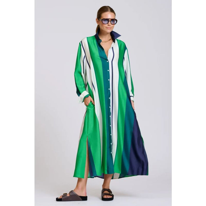 The Luxe Luna Longline Shirt Dress | Navy & Green Bold Stripes - Dress