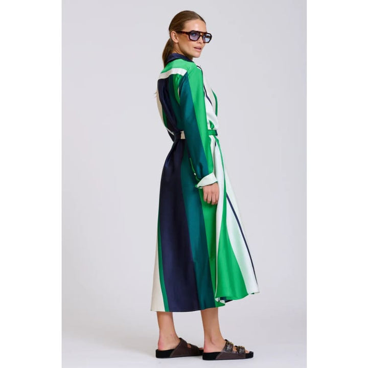 The Luxe Luna Longline Shirt Dress | Navy & Green Bold Stripes - Dress