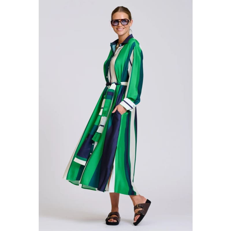 The Luxe Luna Longline Shirt Dress | Navy & Green Bold Stripes - Dress