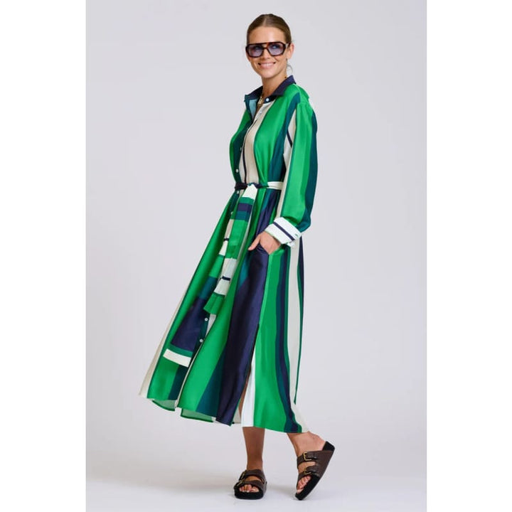 The Luxe Luna Longline Shirt Dress | Navy & Green Bold Stripes - Dress
