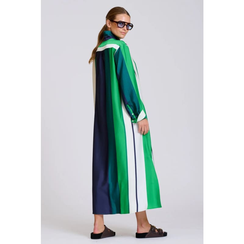 The Luxe Luna Longline Shirt Dress | Navy & Green Bold Stripes - Dress