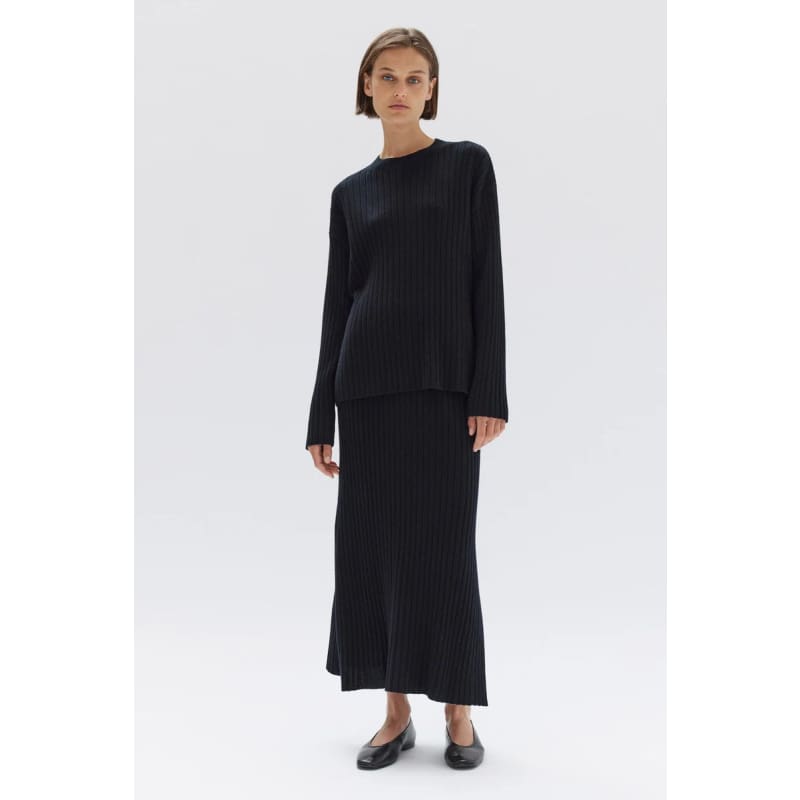 Wool Cashmere Rib Skirt | Black - Bottoms